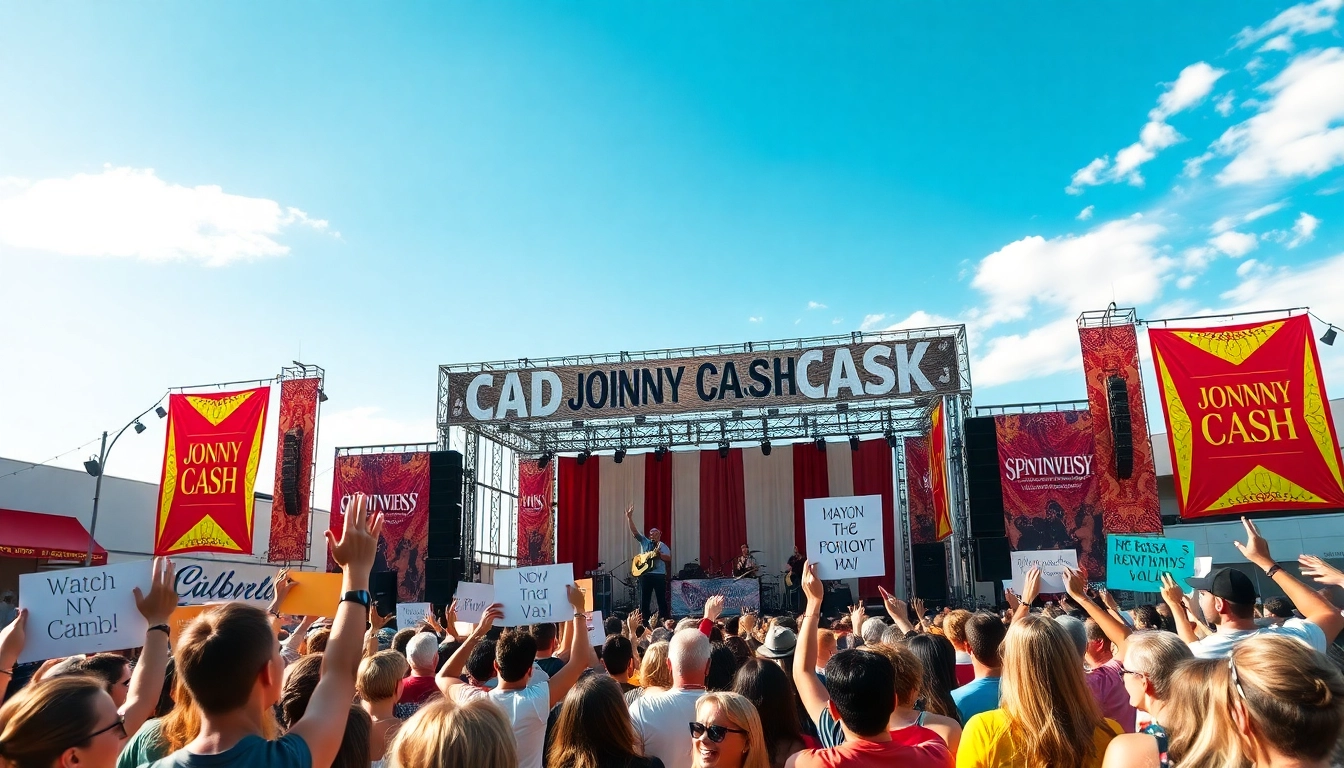 Crowd celebrating at the Johnny Cash birthday bash at johnnycashbirthday.com with vibrant decorations.