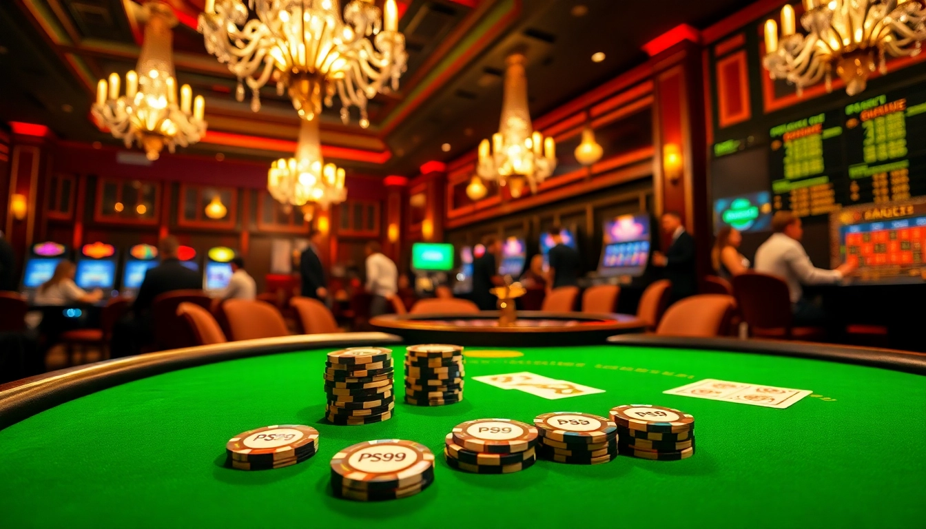 Players engaging with PS 99 poker chips and cards in a luxurious casino setting.