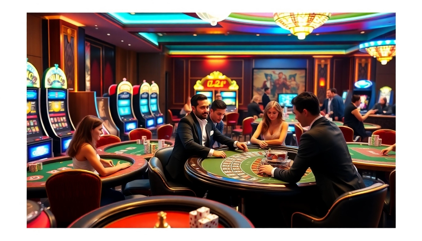 SODO Casino scene with players at tables enjoying poker and roulette in a vibrant, luxurious atmosphere.