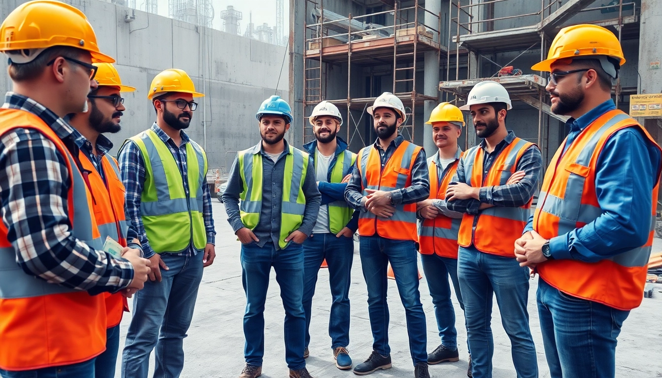 Engaged construction workers discussing safety protocols in construction safety programs.