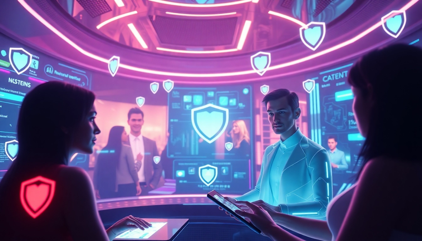 Futuristic NSFW AI environment featuring interactive chats, glowing interfaces, and engaging digital personas.