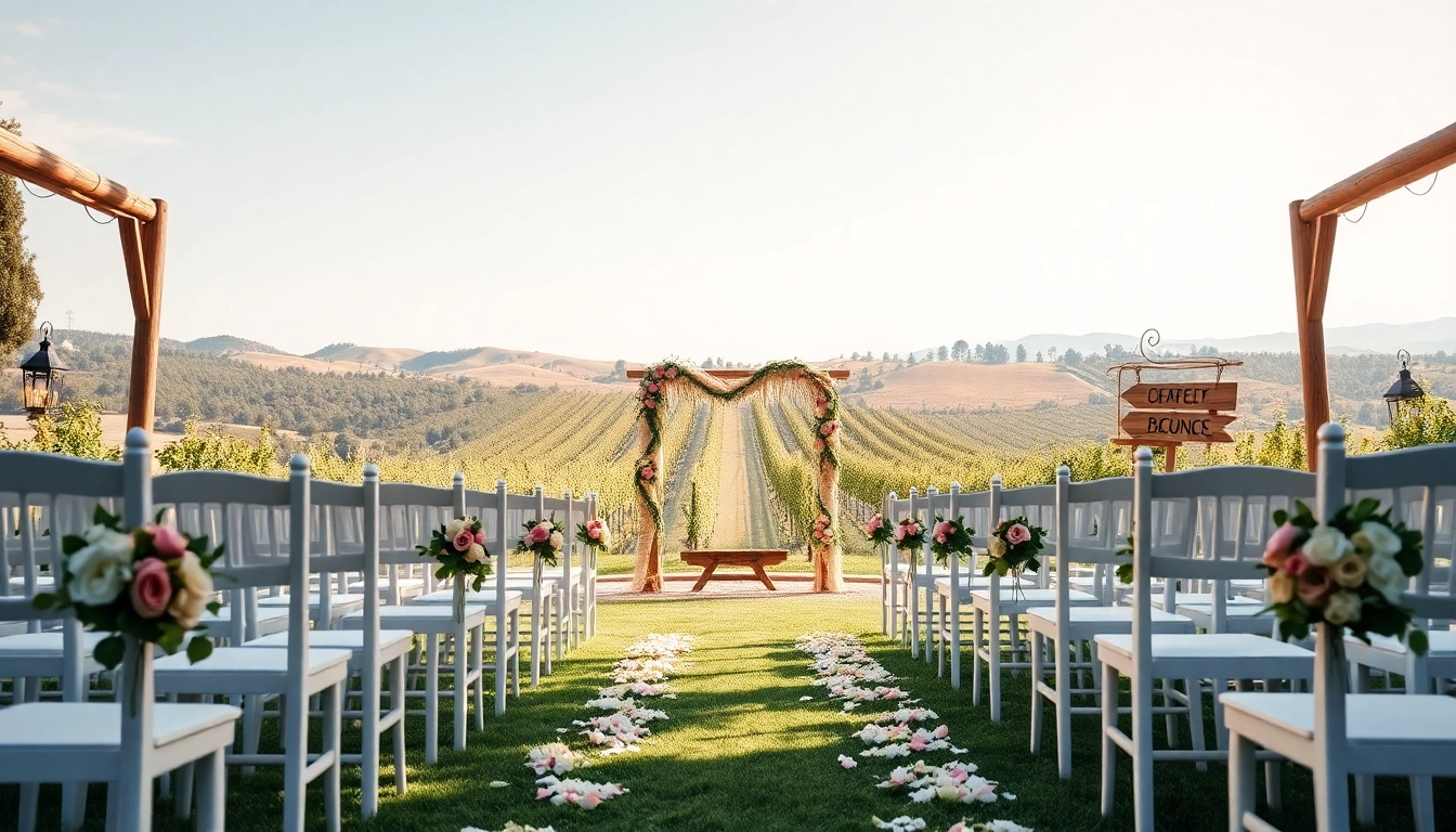 Charming outdoor setup at Clarksburg Wedding Venues showcasing elegant chairs and floral decor.