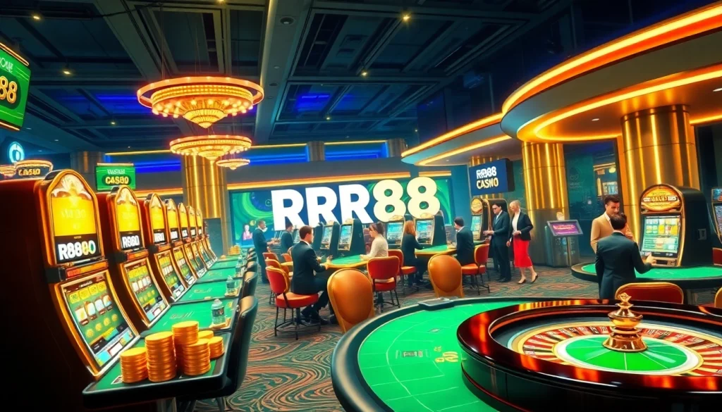 RR88 players enjoying exciting games at a modern casino table with vibrant slot machines.