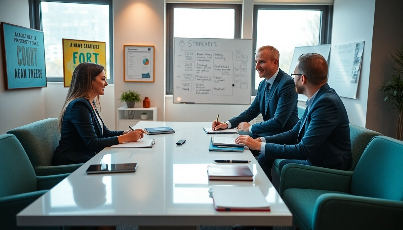 Engaging business coaching service session with professional interaction and modern office aesthetics.