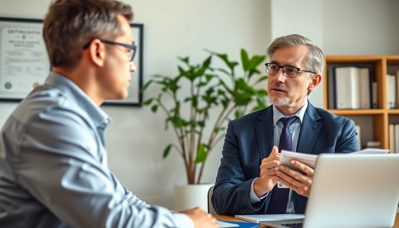 An environmental lawyer consulting a client in a bright office focused on eco-friendly solutions.