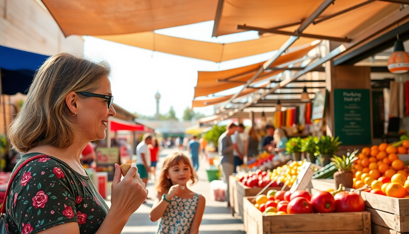 Visitors enjoying Clarksburg's lively outdoor market filled with colorful produce and crafts.