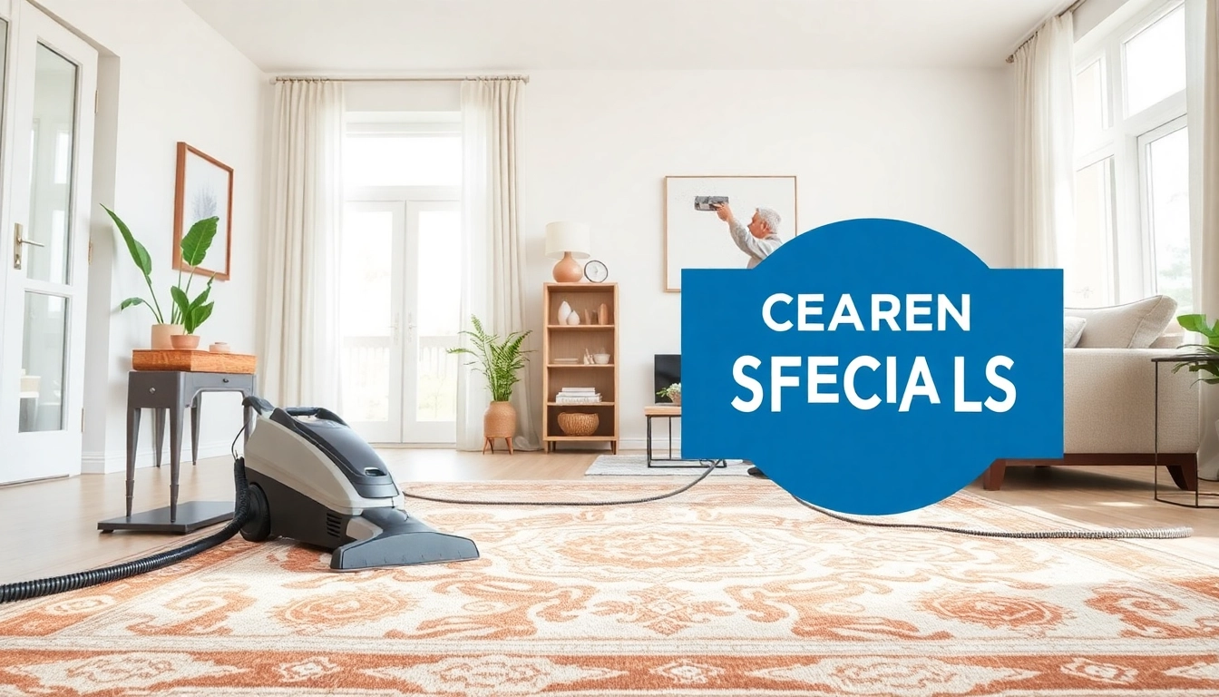 Engaging carpet cleaning specials promoted by a technician in a bright living room.
