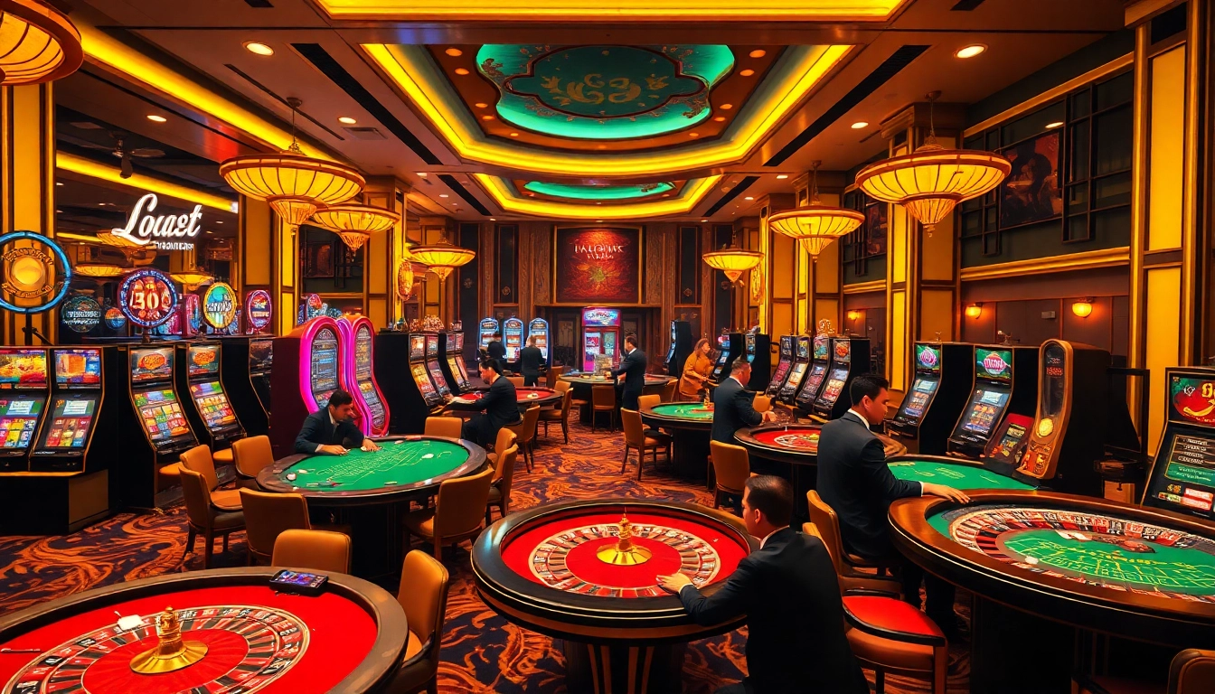 Experience thrilling games at nhà cái luck8's luxurious casino floor with vibrant slot machines and blackjack tables.