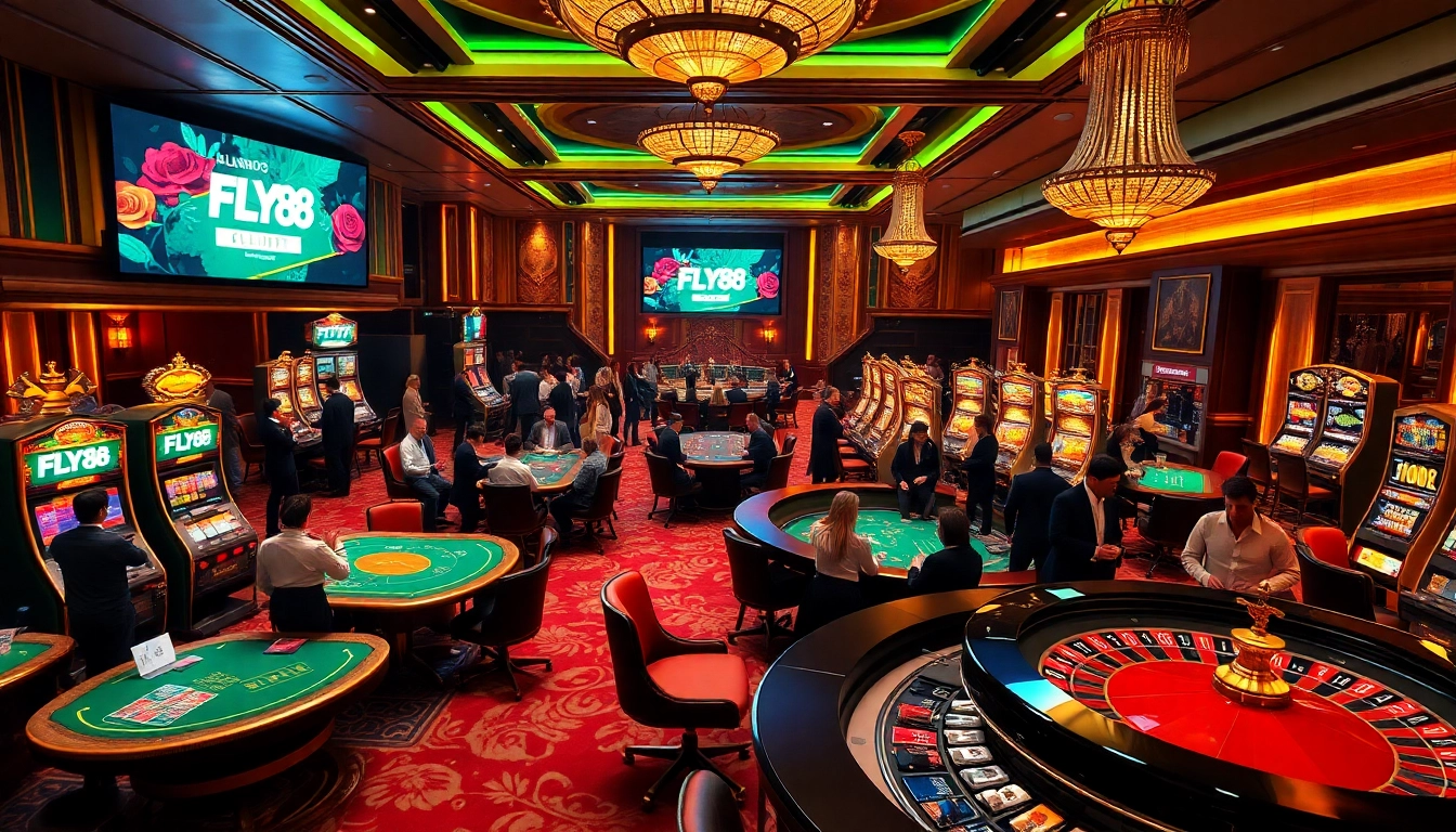 Gambling enthusiasts enjoying games at a luxurious casino while seamlessly accessing FLY88 đăng nhập for online betting.