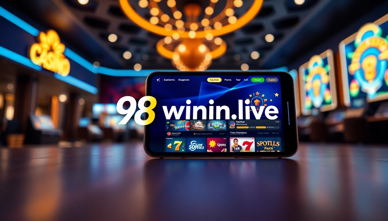 Engaging online gaming scene featuring 98winwin.live logo with vibrant casino games.