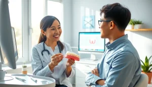 A dental consultation showcasing 歯並び 悪い issues, with a dentist explaining to a patient in a modern clinic.