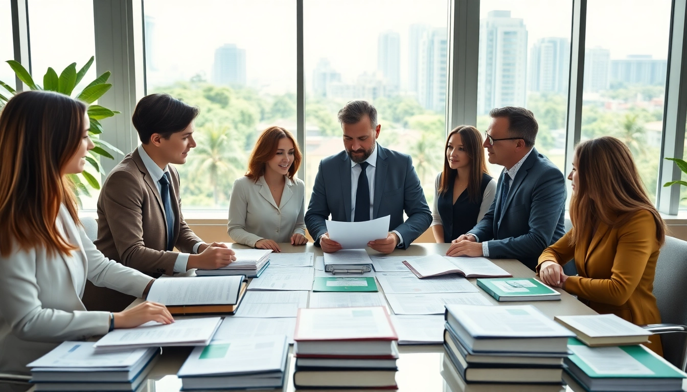 Environmental law firm team collaborating on legal strategies and reports in a green office.