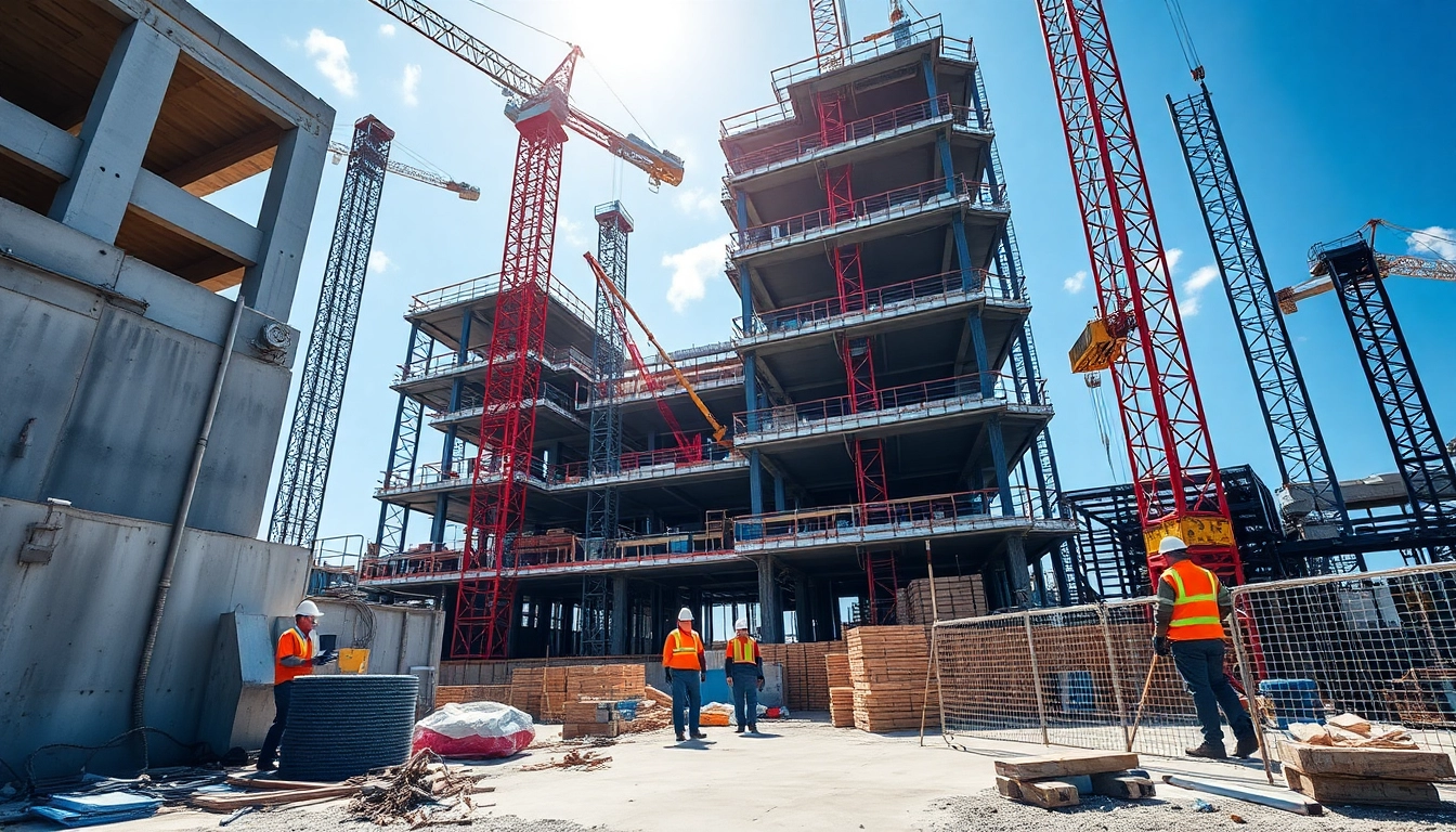 Austin construction workers collaborating on a busy site with cranes overhead.
