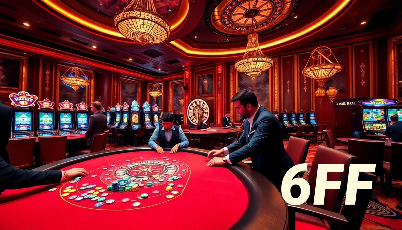 Action-packed casino scene showcasing 6FF poker play with vibrant dealers and colorful chips.