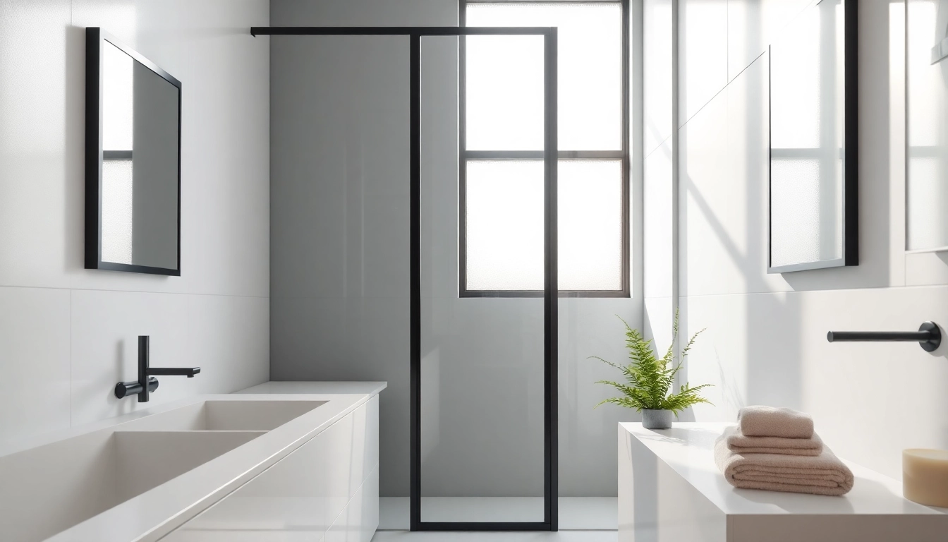 Stylish black frame shower door enhancing modern bathroom aesthetics.
