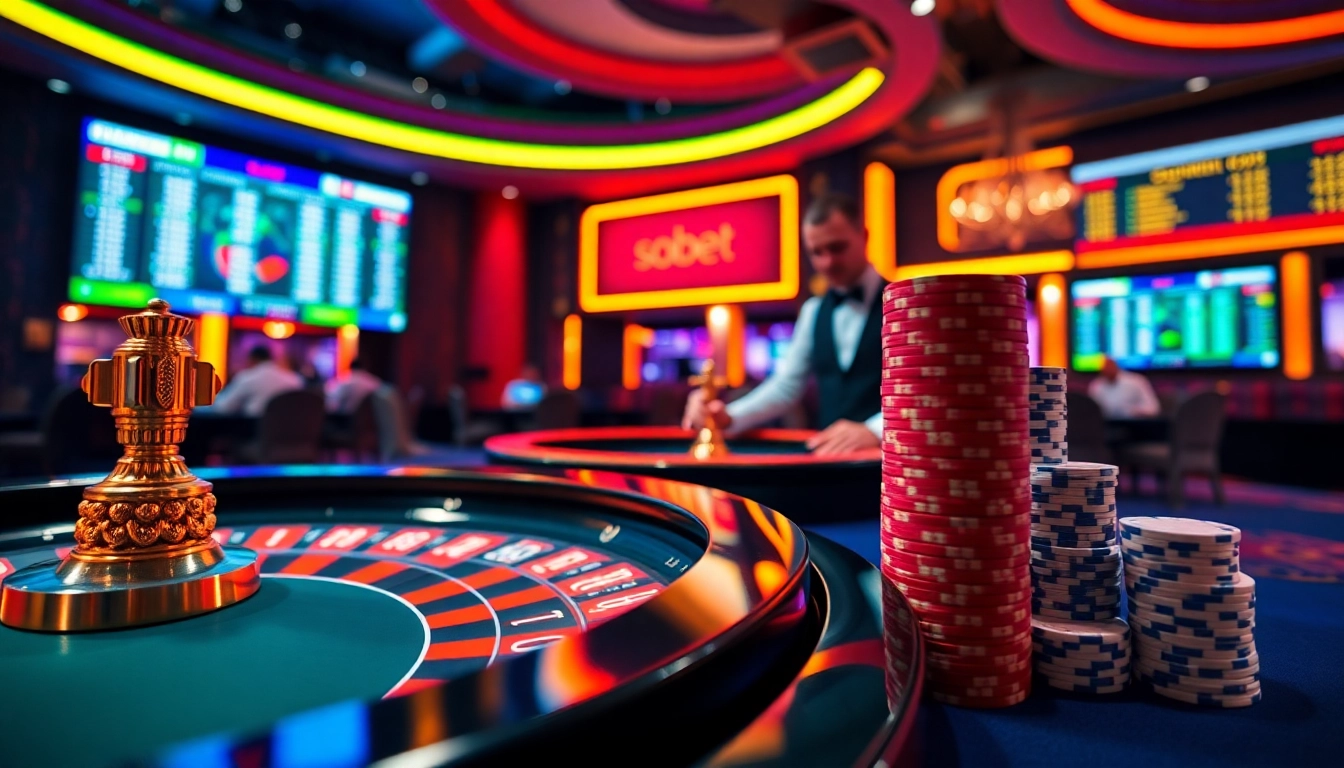Engaging sbobet betting scene with casino tables, roulette wheel, and vibrant poker chips.
