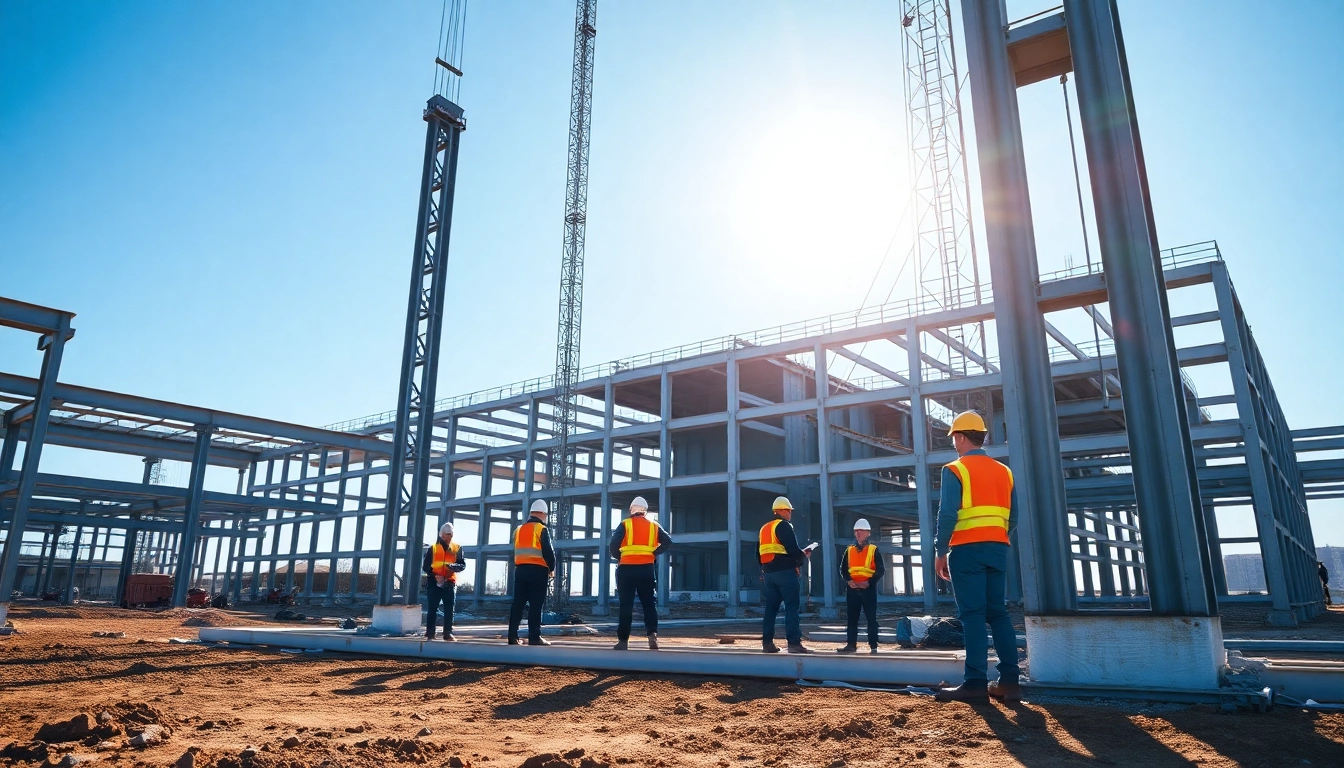 Workers performing structural steel installation while assembling beams on a construction site.