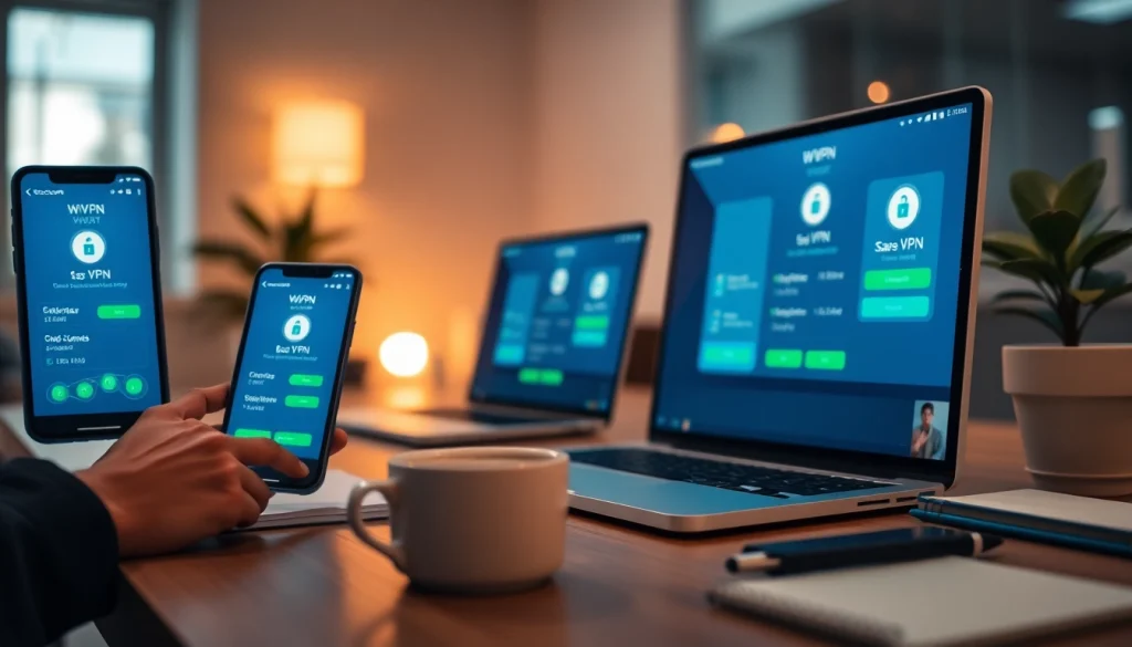 在多台设备上显示的快连VPN应用，展示现代工作空间中的创新技术。