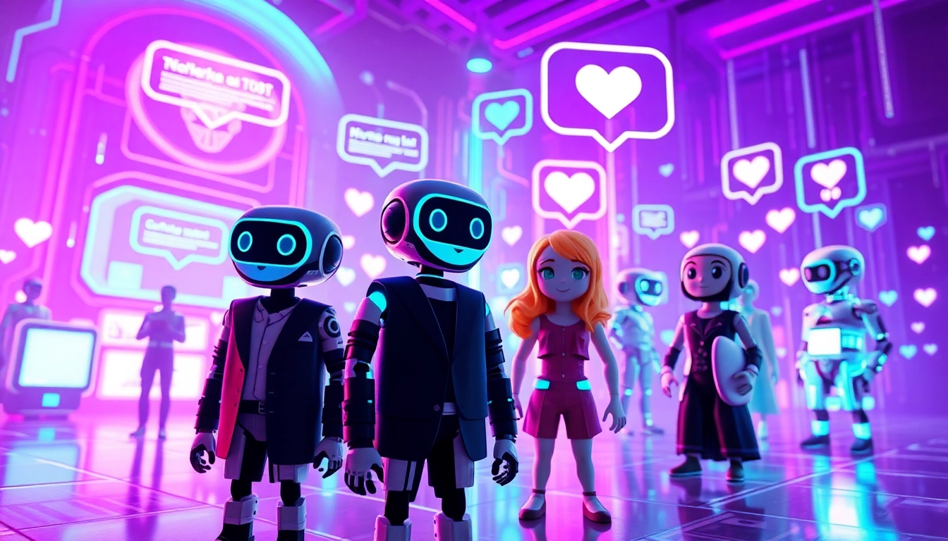 Engaging scene of best NSFW AI chatbots interacting in a vibrant digital landscape, showcasing playful AI characters.