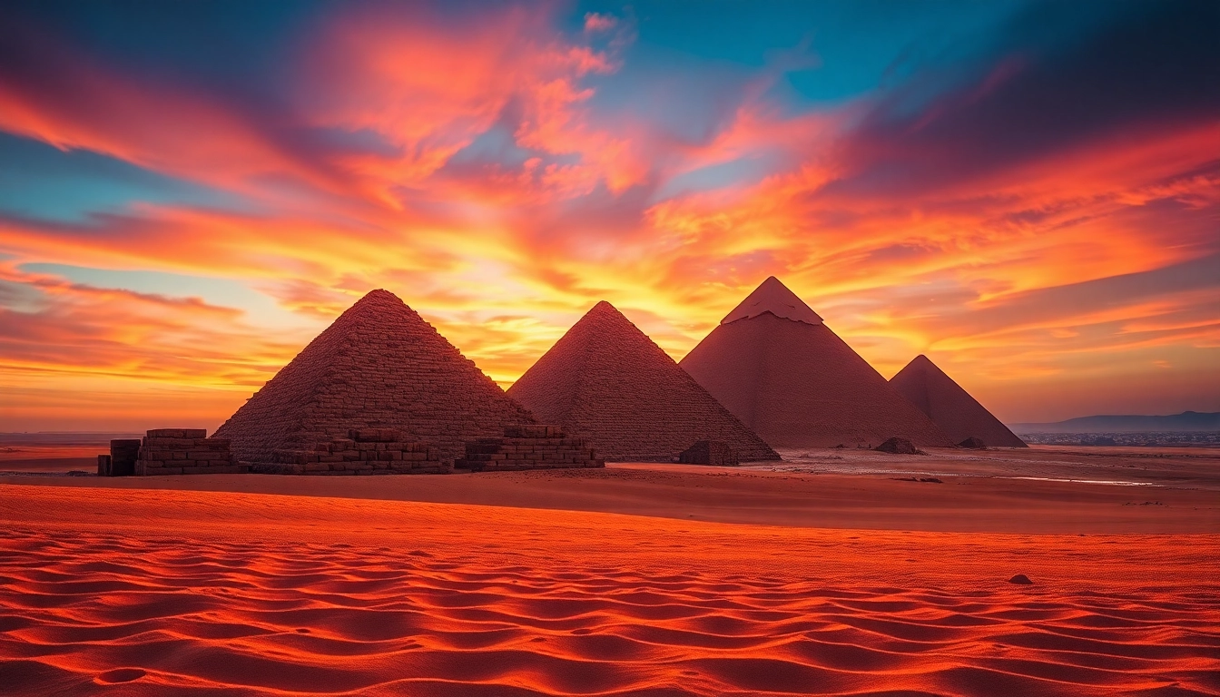 Explore the stunning Giza pyramids showcasing their ancient majesty at sunset.