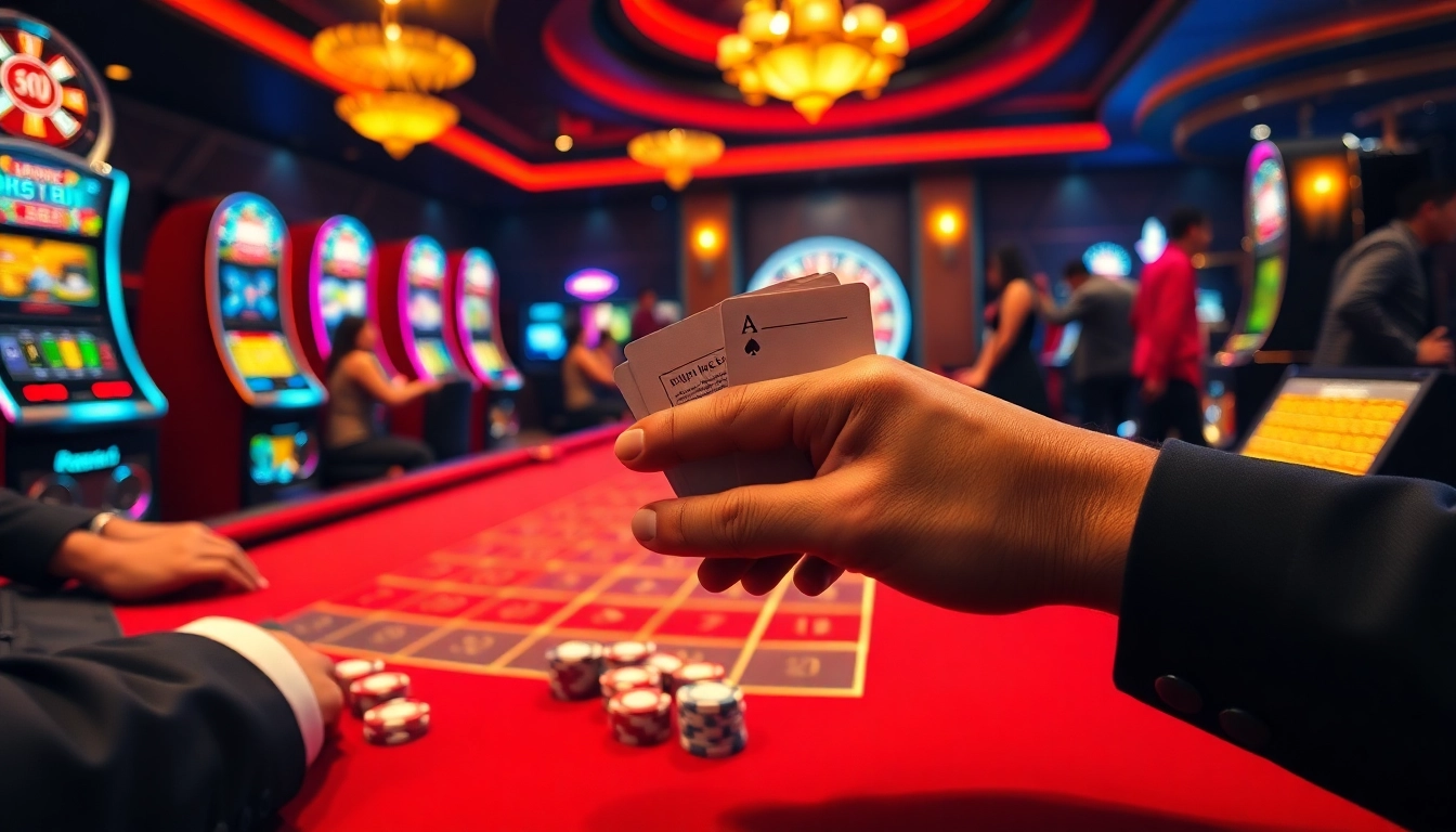 Engage in situs deposit 5k excitement at a vibrant casino table with poker chips and slot machines.