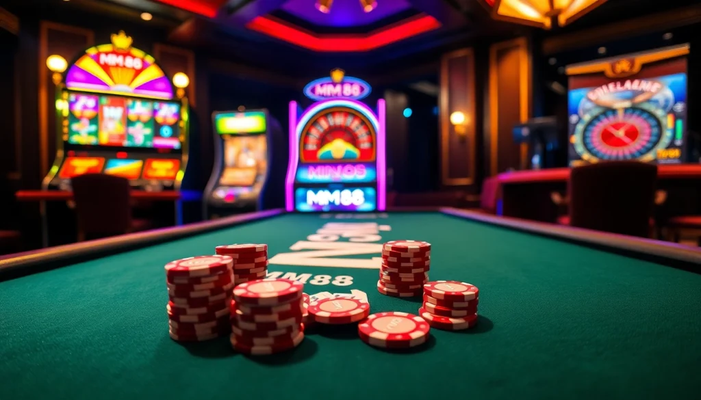 Experience the thrill of MM88 at a luxurious casino table with poker chips and cards.
