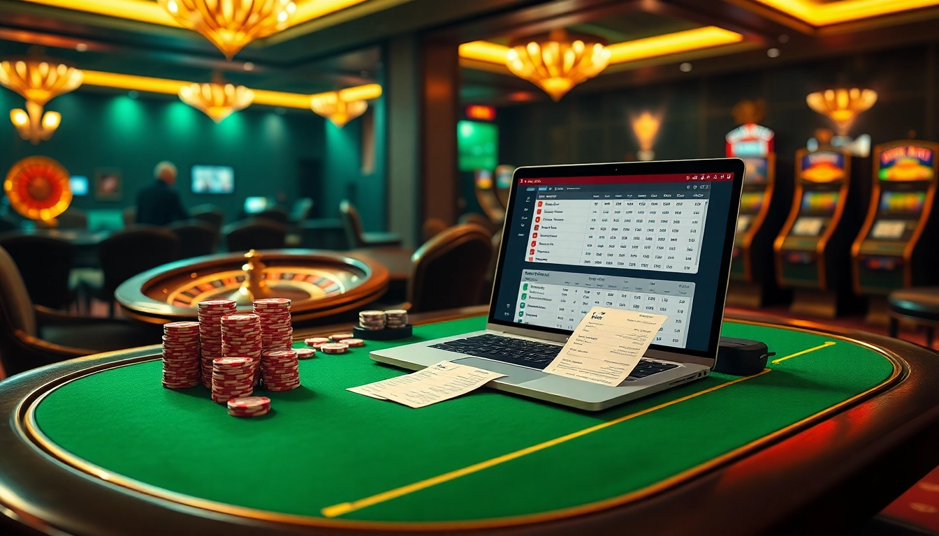 Sbobet betting setup displaying sports odds with poker chips and a roulette wheel.