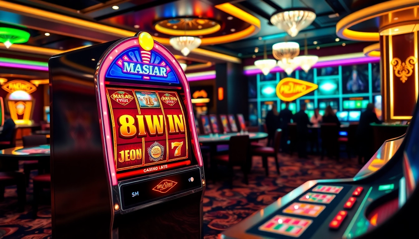 MABAR88 Spin menampilkan suasana kasino yang menarik dengan mesin slot, para pemain, dan pencahayaan yang berwarna-warni.