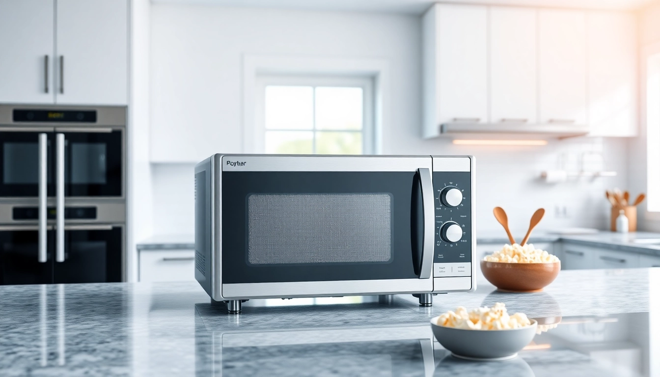 Showcase a high-quality Microwave Oven on a granite countertop in a bright kitchen.