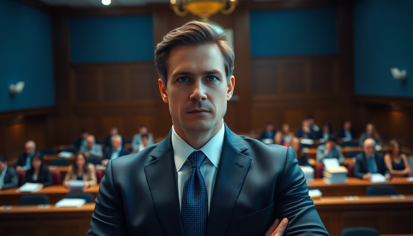 Anwalt Strafrecht vertritt Mandanten engagiert in einem Gerichtssaal.