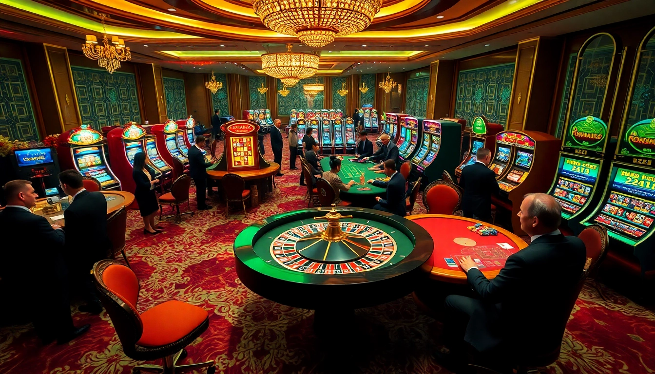 Scène captivante d'un casino de luxe présentant l'expérience du meilleur casino en ligne avec du poker et de la roulette.
