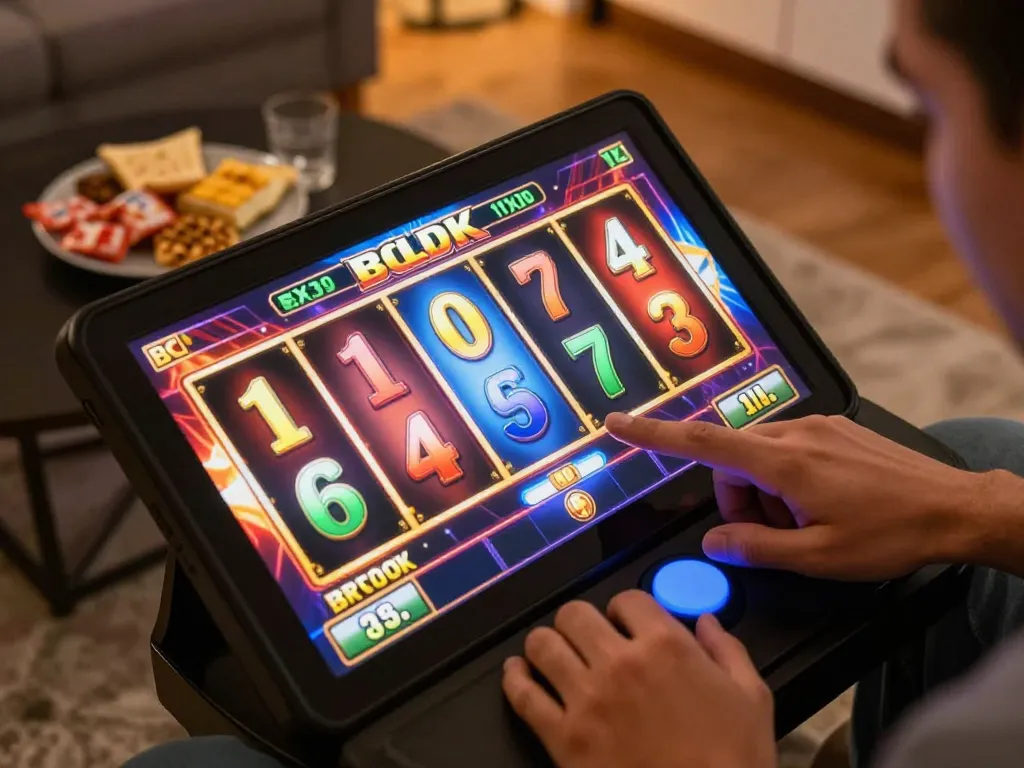 Nổ hũ gameplay with a tablet showing exciting spinning reels and jackpot icons in an engaging online setting