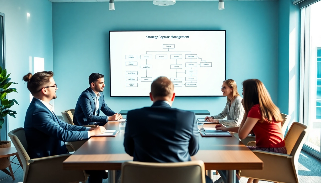 Business professionals discussing Strategy Capture Management in a modern office setting.