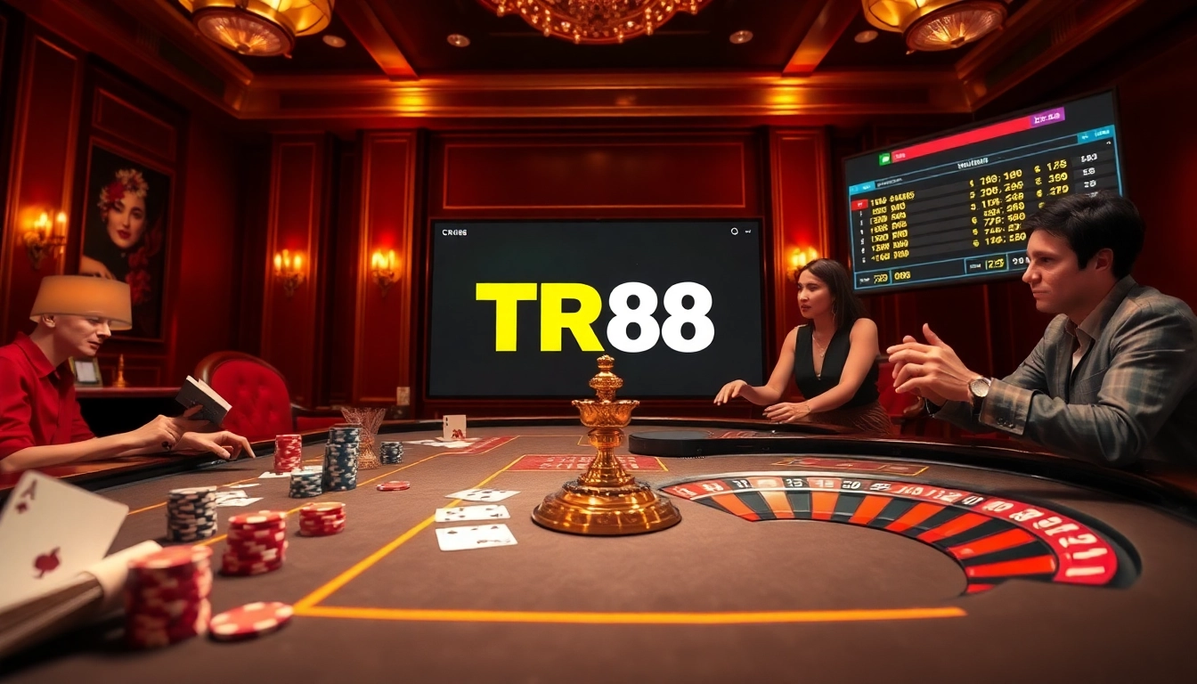 Engage with TR88 casino games at a luxurious table filled with vibrant poker chips and cards.