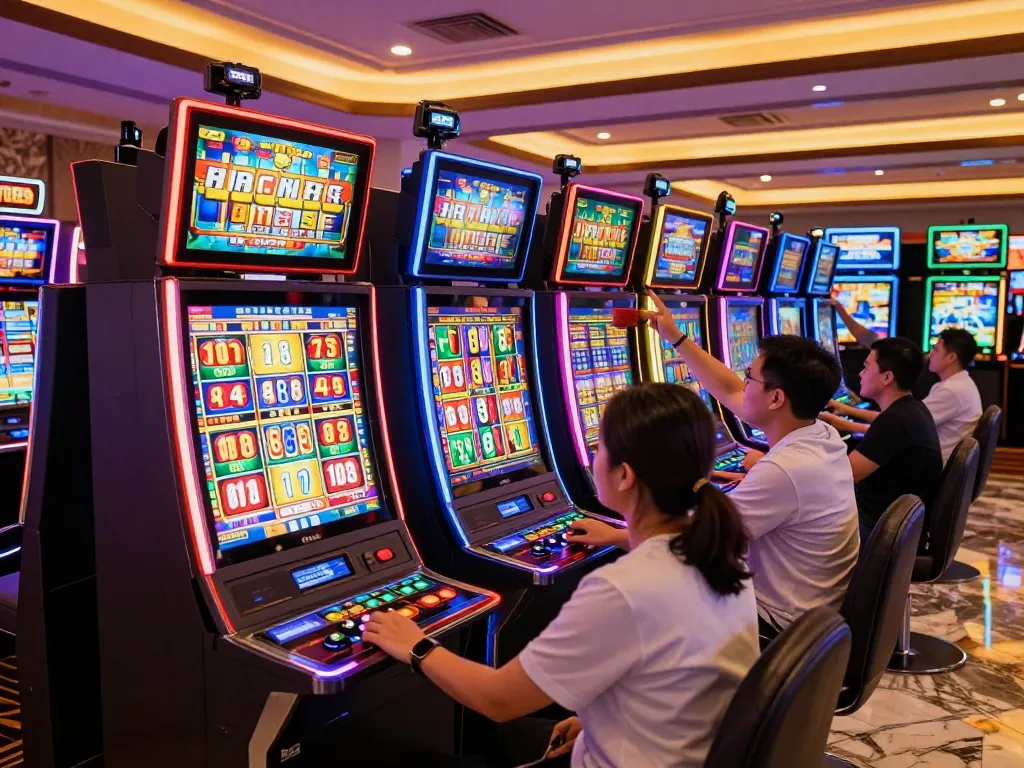 Players immersed in action at situs slot777 slot machines, celebrating vibrant wins in a dynamic casino atmosphere.