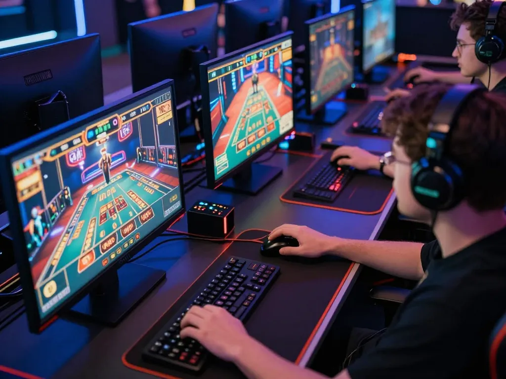 Player enjoying strategic gambling on multiple screens at home, showcasing server thailand for enhanced gaming.