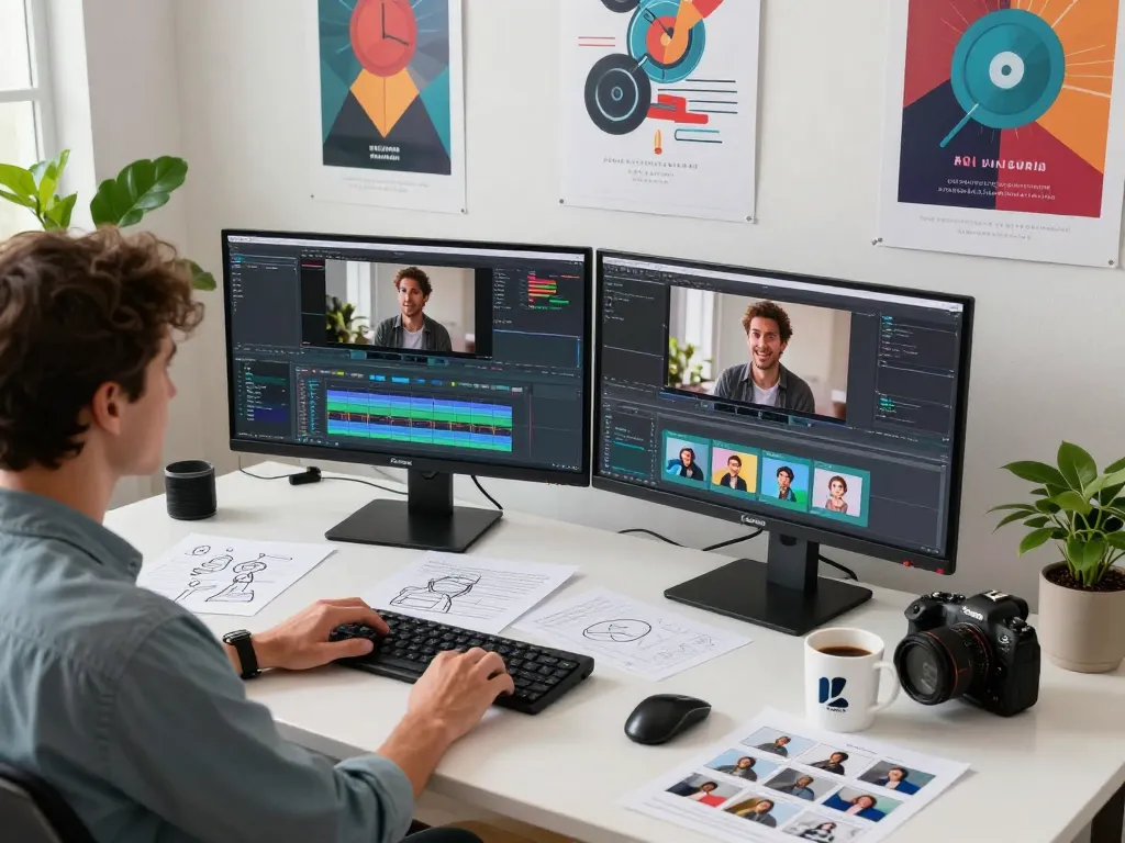 Creative workspace featuring video to prompt ai interface, multiple screens, and vibrant production tools for innovative video storytelling.