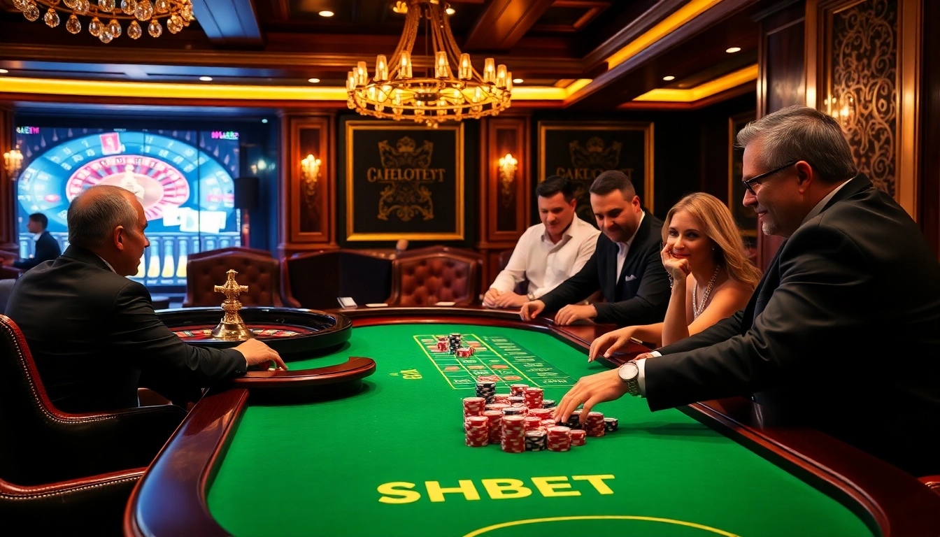 Players engaging in high-stakes poker at a luxurious SHBET casino table.