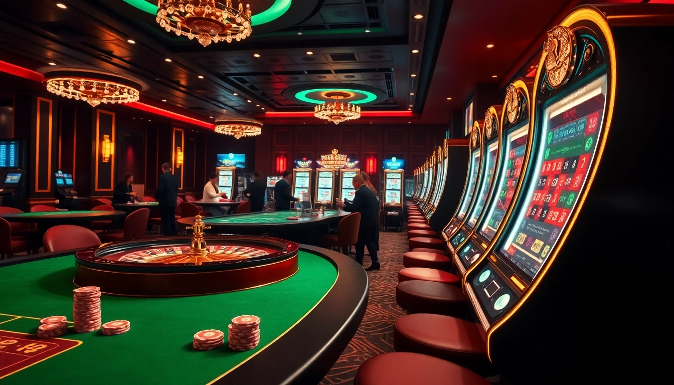Des joueurs profitant des jeux dans un vibrant meilleur casino en ligne, avec roulette et machines à sous.