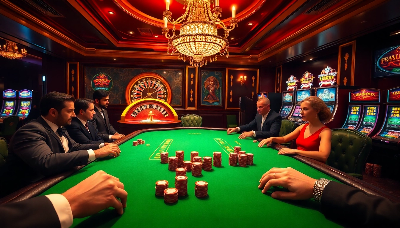 Participez à une action de poker passionnante au meilleur casino en ligne avec des joueurs élégants et des jetons vibrants.