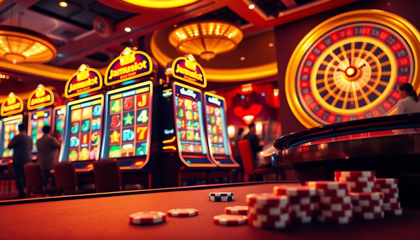 Engaging casino scene featuring jamuslot slot machines and excited players betting.