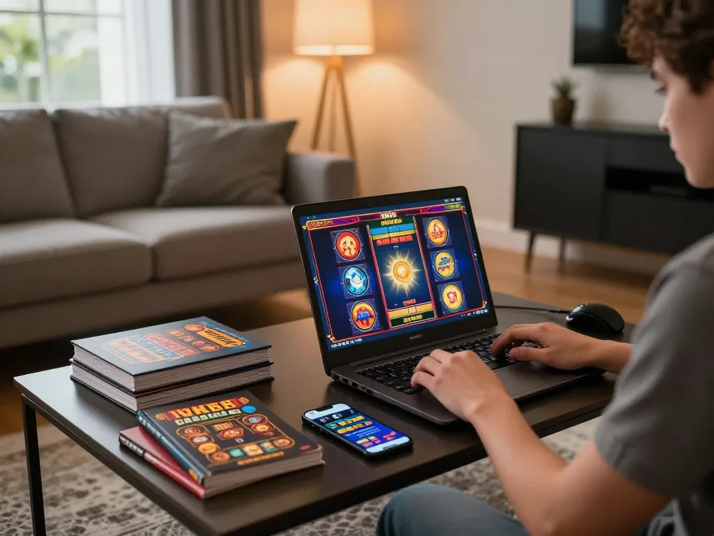 Engaged player exploring slot gacor hari ini on a laptop in a cozy modern home environment.