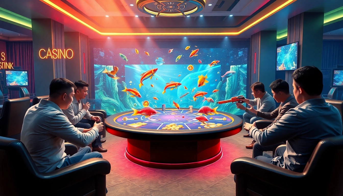 Bắn cá đổi thưởng players strategizing at a vibrant casino gaming table surrounded by colorful graphics.