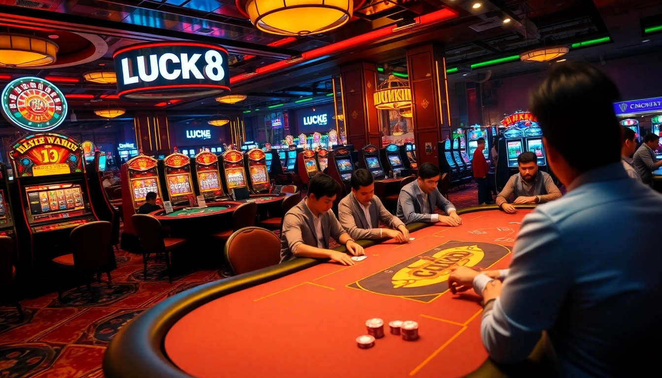 Experience the thrill at LUCK8 with players engaged at the poker table amidst glamorous casino vibes.
