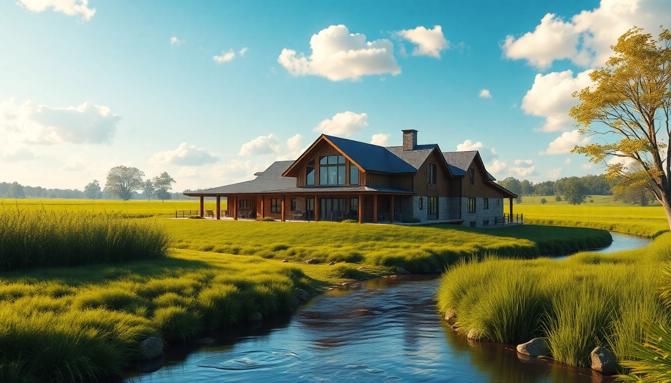 Winding River Farmhouse New Build surrounded by lush landscapes and natural light.