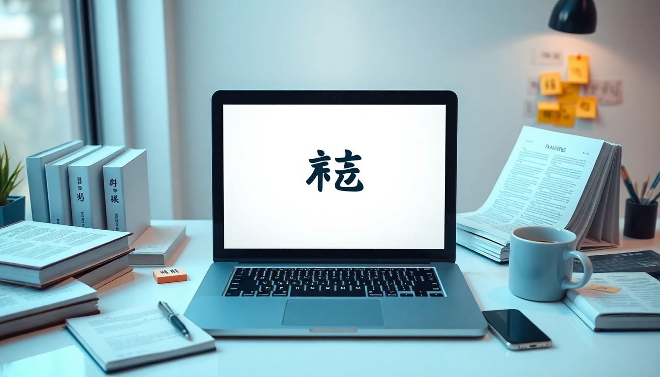 Professional workspace showcasing 有道翻译 on a laptop with translation tools and books, perfect for language learners.