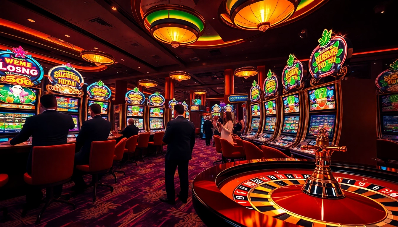 Gamblers engaging with slot scatter hitam machines in a luxurious casino environment.