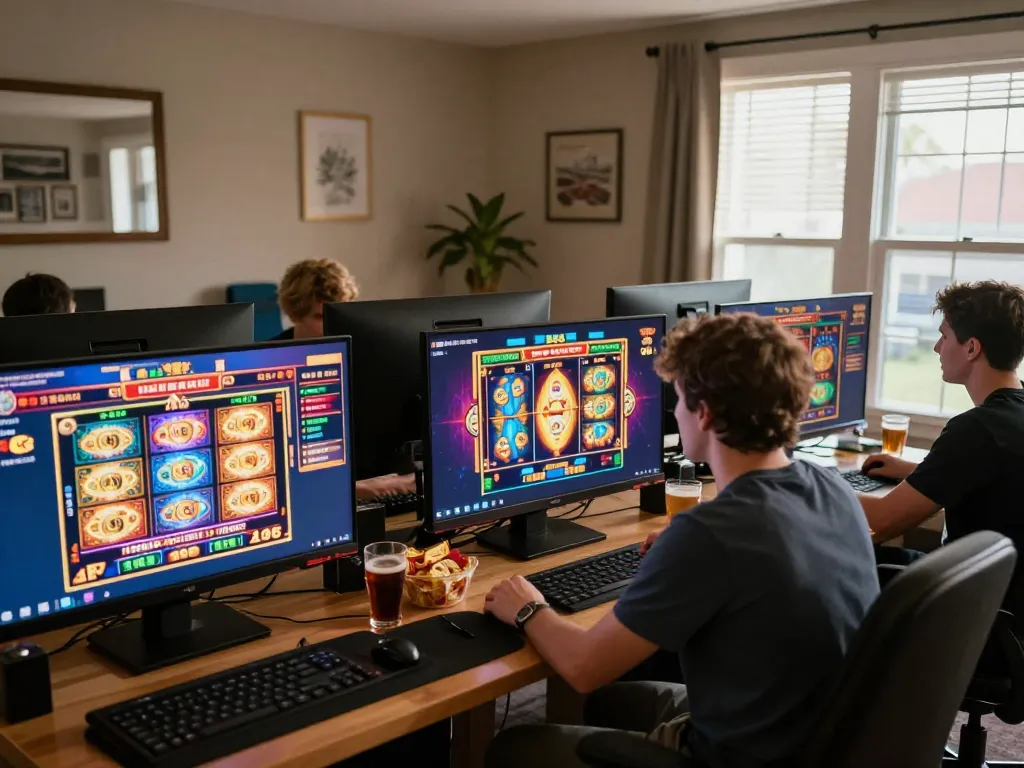 Player enjoying a slot bet 200 game on a cozy home setup, engaging with colorful online casino graphics.