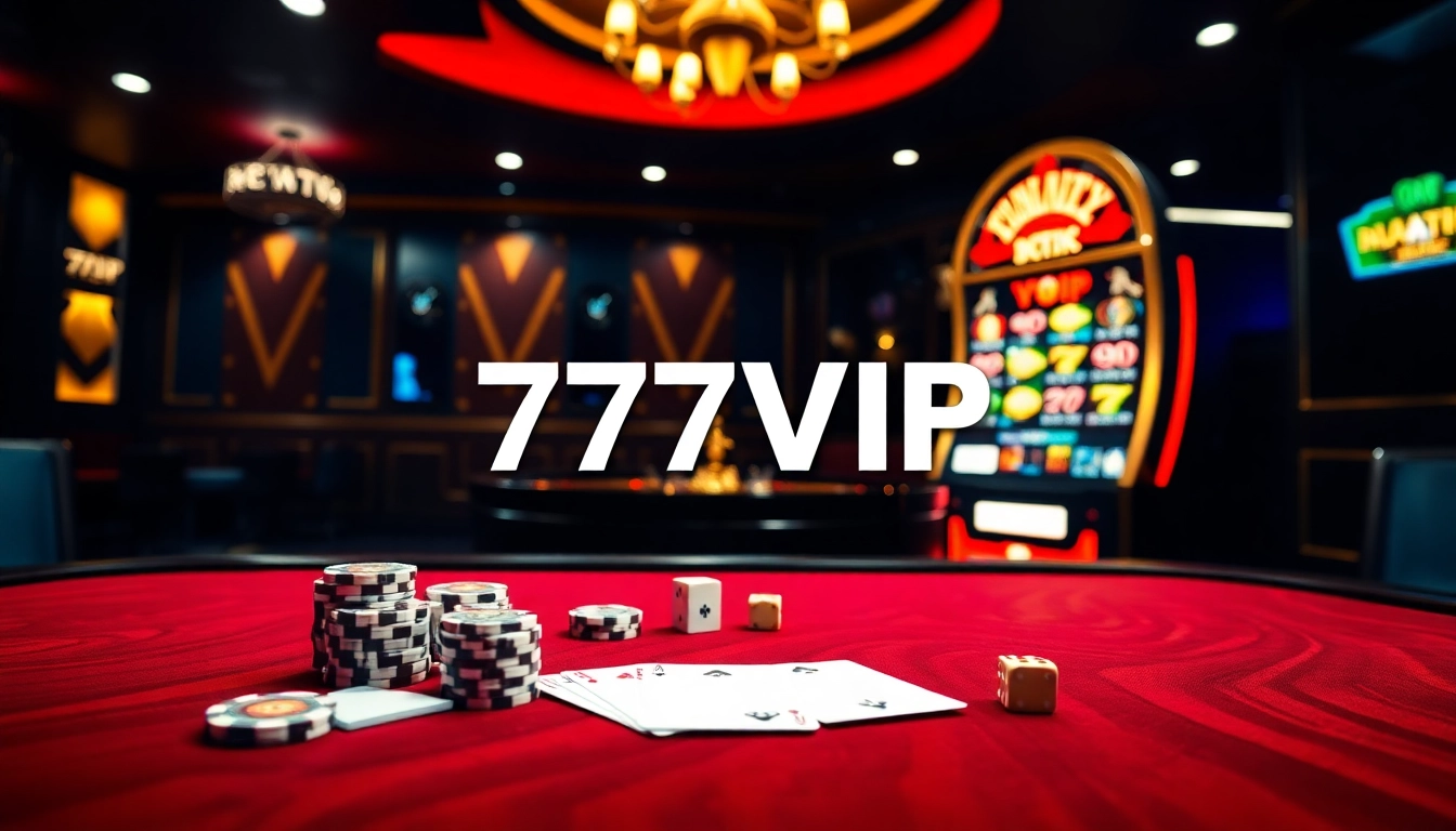 Experience thrilling gaming with 777VIP, showcasing poker chips and roulette for online gamblers.