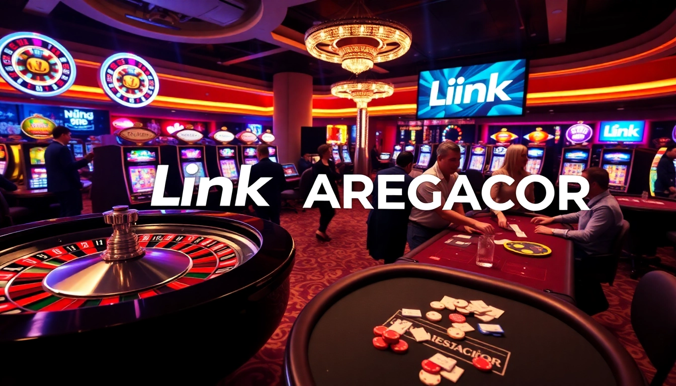 Exciting casino scene highlighting link aresgacor with roulette, poker, and slot machines.
